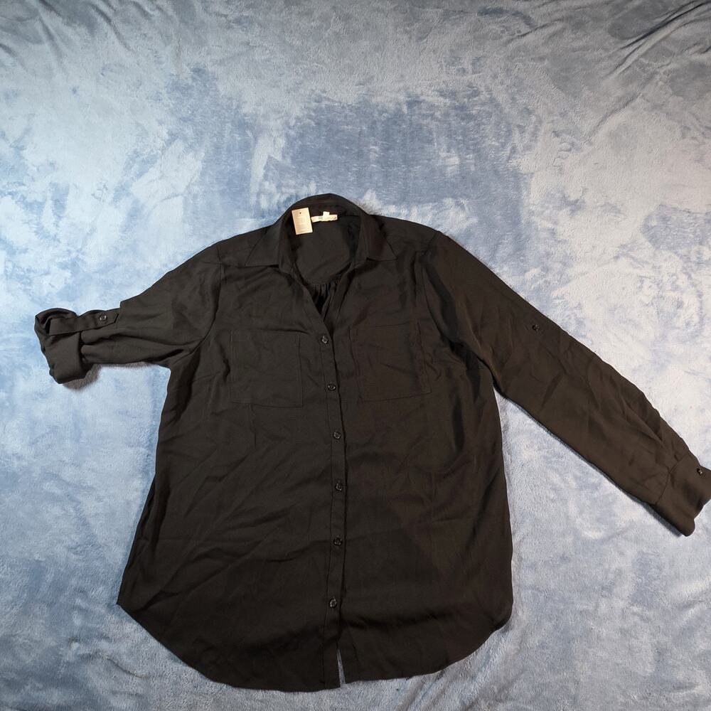 Maurices Womens 0X Black Button Down Tunic Blouse Roll Tab Sleeve NWT